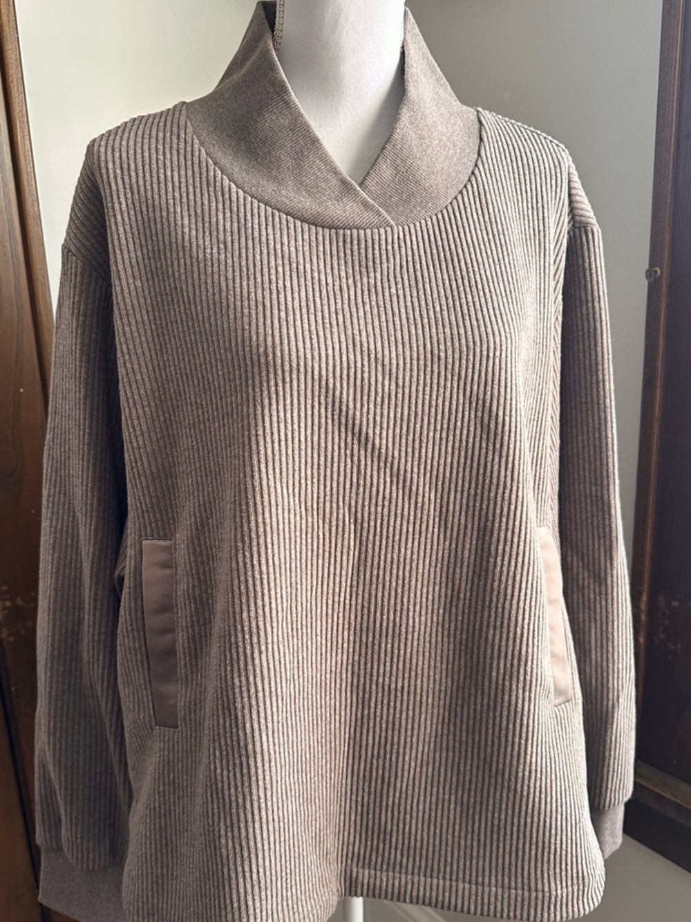 Varley Taupe Ribbed Shawl-Neck Pullover